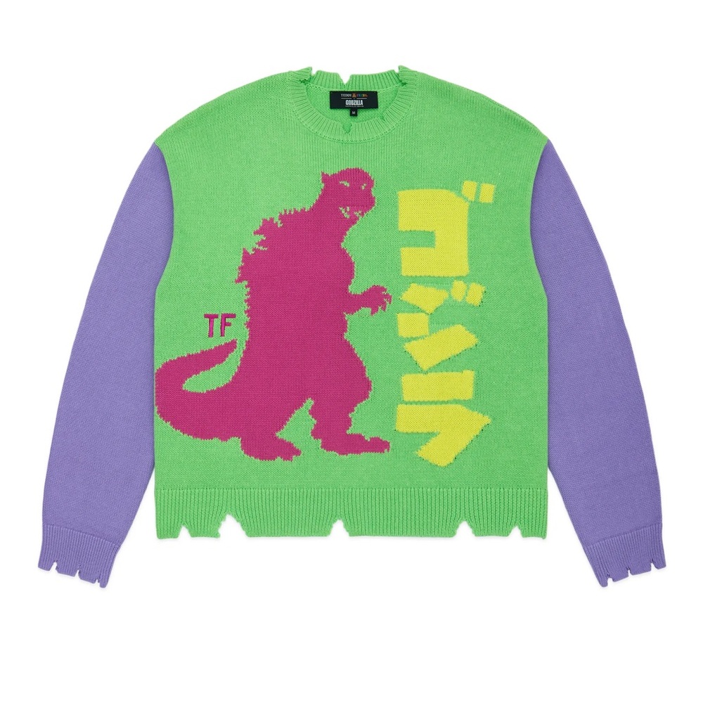 Teddy Fresh Godzilla Graphic Sweater - Green and Purple RARE FIND